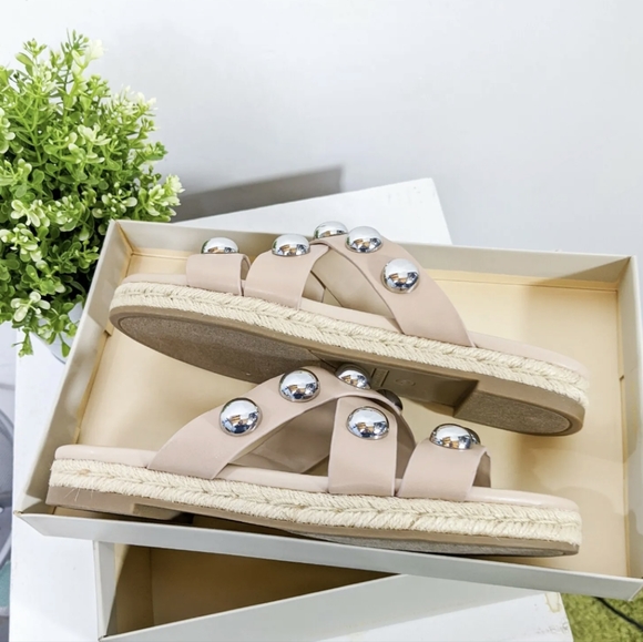 MARC FISHER Studded Prisca Vegan Leather Tan Slide Sandals NWT - Picture 3 of 6